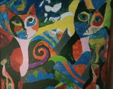 Schilderij getiteld "Les chats en couleu…" door Audran, Origineel Kunstwerk, Acryl