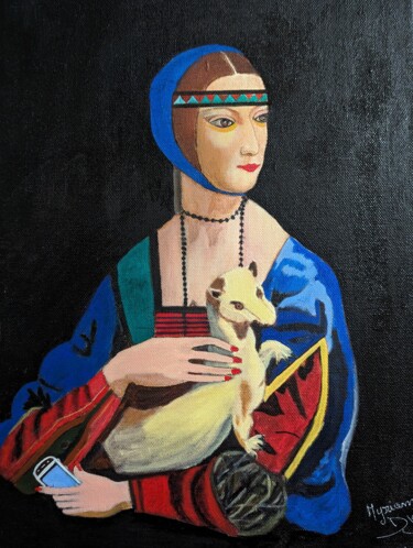 Malerei mit dem Titel "La dame au portable" von Myriam Djaouk, Original-Kunstwerk, Acryl
