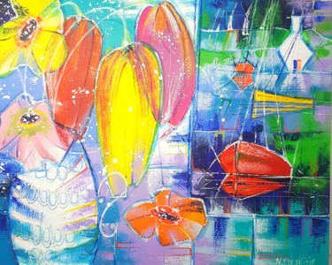 Malerei mit dem Titel "TULIPES,GYPSOPHILE…" von Myriam Guenaizia, Original-Kunstwerk, Öl