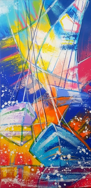 Painting titled "LES VOILES BLEUES" by Myriam Guenaizia, Original Artwork, Oil Mounted on Wood Stretcher frame