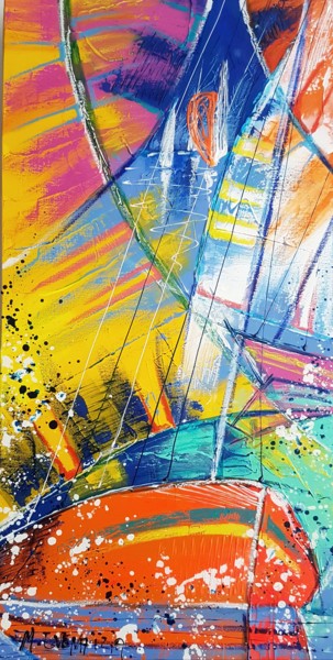 Painting titled "LA VOILE JAUNE" by Myriam Guenaizia, Original Artwork, Oil Mounted on Wood Stretcher frame