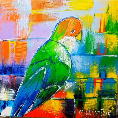 Painting titled "LOVEBIRD " CHARLIE"" by Myriam Guenaizia, Original Artwork, Oil Mounted on Wood Stretcher frame