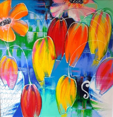 Картина под названием "FOLIE FLEURIE" - Myriam Guenaizia, Подлинное произведение искусства, Акрил Установлен на Деревянная р…