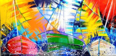 Painting titled "LES VOILES ENCHANTE…" by Myriam Guenaizia, Original Artwork, Oil Mounted on Wood Stretcher frame