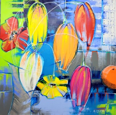 Картина под названием "L'ORANGE ET LES TUL…" - Myriam Guenaizia, Подлинное произведение искусства, Акрил Установлен на Дерев…