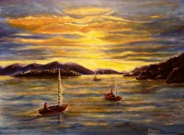 Pittura intitolato "Barques au crépuscu…" da Myriam Gylon, Opera d'arte originale, Acrilico Montato su Telaio per barella in…