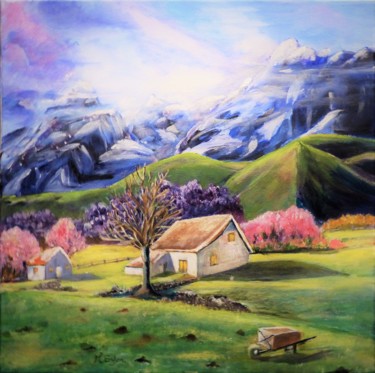 Painting titled "vert et montagnes" by Myriam Gylon, Original Artwork, Acrylic
