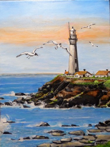 Painting titled "Le petit phare" by Myriam Gylon, Original Artwork, Acrylic