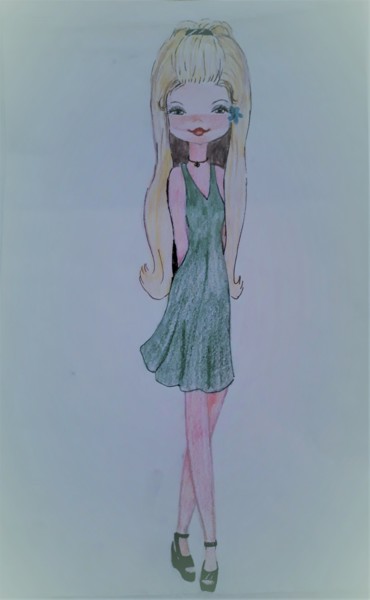 Рисунок под названием "Jeune fille" - Myriam Gylon, Подлинное произведение искусства, Цветные карандаши