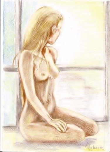 Drawing titled "A la fenêtre" by Myriam Gylon, Original Artwork, Pencil