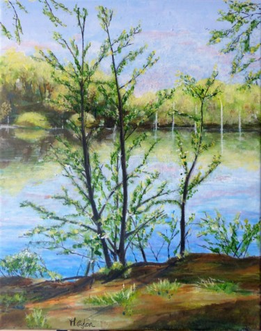 Painting titled "Au bord de l'eau" by Myriam Gylon, Original Artwork, Acrylic