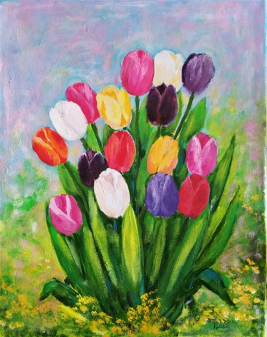 Painting titled "Le temps des Tulipes" by Myriam Gylon, Original Artwork, Acrylic Mounted on Wood Stretcher frame