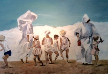 Schilderij getiteld "nonnen-op-strand-me…" door Myriam Jadot, Origineel Kunstwerk, Olie