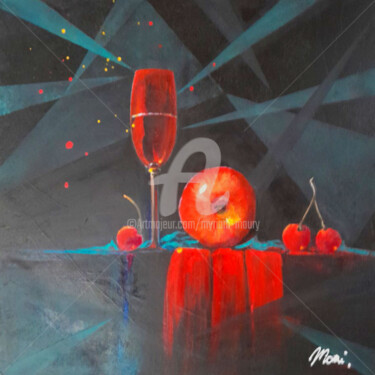 Painting titled "Still life Red Apple" by Myriam Maury, Original Artwork, Oil