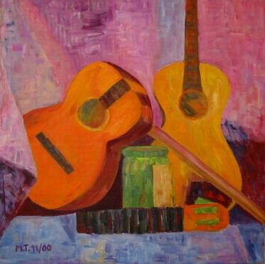 Painting titled "Guitare cassée" by Myriam Thomas, Original Artwork, Oil