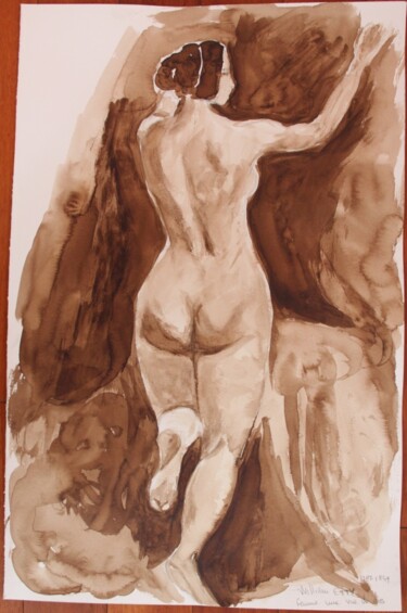 Dessin intitulée "Femme nue vue de dos" par Myriam Thomas, Œuvre d'art originale