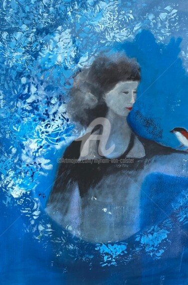Malarstwo zatytułowany „L'oiseau.” autorstwa Myriam Van Calster, Oryginalna praca, Akryl Zamontowany na Drewniana rama noszy