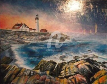 Peinture intitulée "le phare de Portland" par Myriam.W, Œuvre d'art originale, Huile