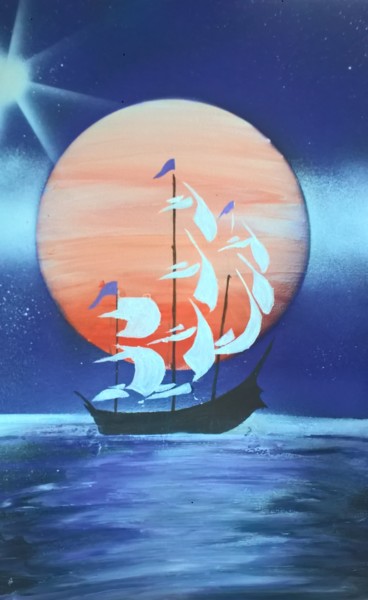 Peinture intitulée "bateau-voilier-lune…" par Myriam Wasielewski, Œuvre d'art originale, Acrylique