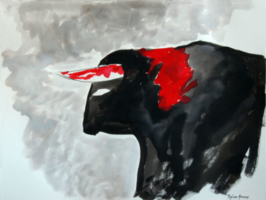 Peinture intitulée "La mort du taureau" par Myriam Amoros, Œuvre d'art originale, Encre