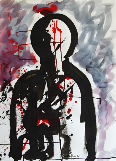 Peinture intitulée "Le masque ou La peur" par Myriam Amoros, Œuvre d'art originale, Encre