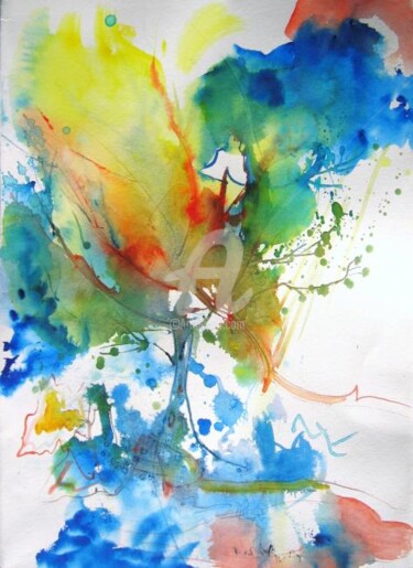 Peinture intitulée "L'Arbre aux Fées" par Myriam Fischer, Œuvre d'art originale, Aquarelle