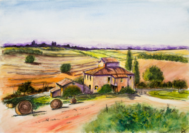Painting titled "Un été en Toscane" by Myriam Lonardi, Original Artwork, Watercolor
