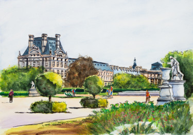 Painting titled "Près du Louvre" by Myriam Lonardi, Original Artwork, Watercolor