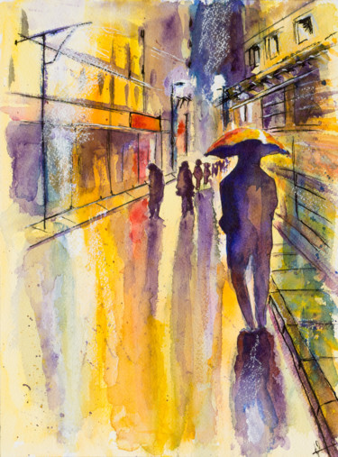 Painting titled "Sous la pluie" by Myriam Lonardi, Original Artwork, Watercolor