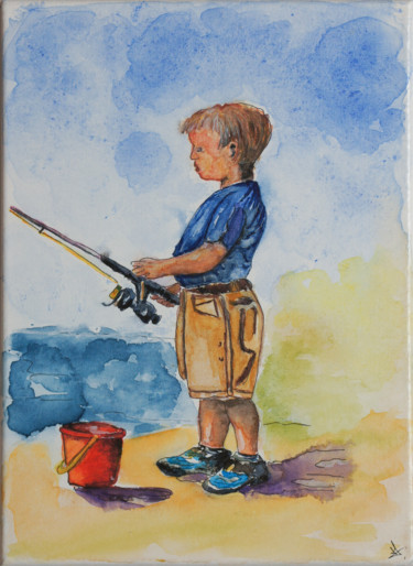 Peinture intitulée "L'heure de la pêche" par Myriam Lonardi, Œuvre d'art originale, Aquarelle