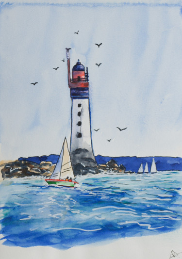 Peinture intitulée "En approche du phare" par Myriam Lonardi, Œuvre d'art originale, Aquarelle