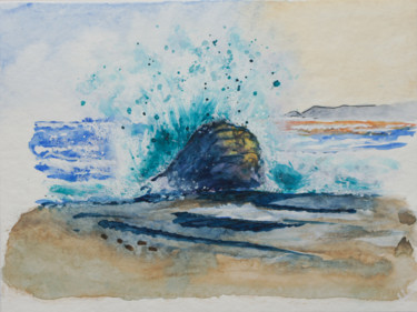 Peinture intitulée "Vague sur le rocher" par Myriam Lonardi, Œuvre d'art originale, Aquarelle