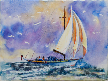 Painting titled "Sortie en Pleine Mer" by Myriam Lonardi, Original Artwork, Watercolor