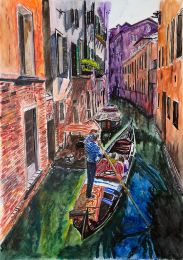 Peinture intitulée "Venise en amoureux" par Myriam Lonardi, Œuvre d'art originale, Aquarelle