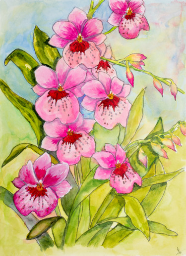 Peinture intitulée "Roses Orchidées" par Myriam Lonardi, Œuvre d'art originale, Aquarelle