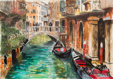 Painting titled "Venise en été" by Myriam Lonardi, Original Artwork, Watercolor