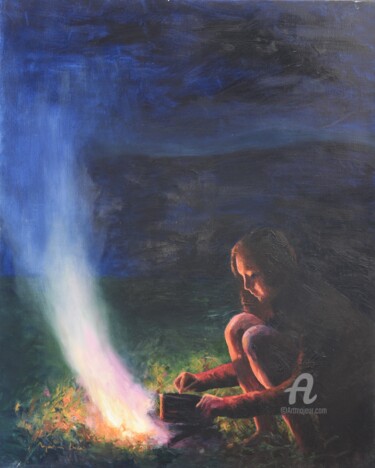Pintura titulada "Junto al fuego" por Myriam Lucas, Obra de arte original, Oleo