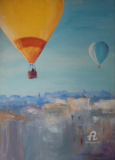 Malerei mit dem Titel "Paisaje con globos" von Myriam Lucas, Original-Kunstwerk, Öl