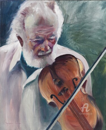 Painting titled "Violinista irlandés" by Myriam Lucas, Original Artwork, Oil Mounted on Wood Stretcher frame