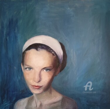 Pintura intitulada "Retrato de mujer az…" por Myriam Lucas, Obras de arte originais, Óleo