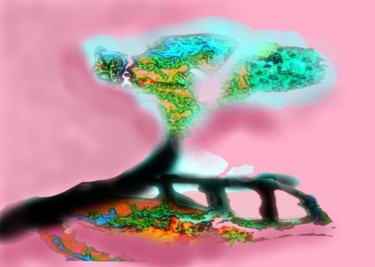 Digitale Kunst mit dem Titel "L'arbre et le pont" von Mysane, Original-Kunstwerk, Digitale Malerei