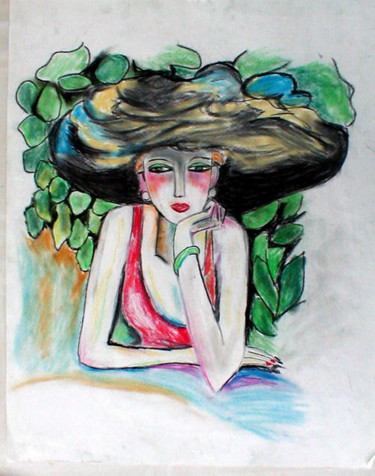 Disegno intitolato "femme-au-chapeau.jpg" da Mysane, Opera d'arte originale, Pastello