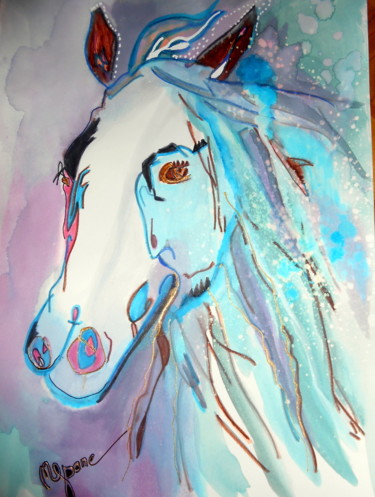 Dessin intitulée "le-cheval-aux-yeux-…" par Mysane, Œuvre d'art originale, Encre