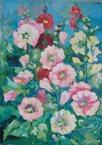 Painting titled "Мальвы" by Irina Musienko, Original Artwork, Oil