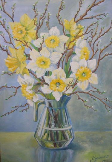 Картина под названием "весна на подоконнике" - Ирина Мусиенко, Подлинное произведение искусства, Масло