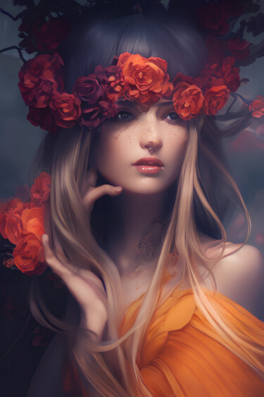 Digitale Kunst getiteld "Woman And Roses" door Mystic Muse, Origineel Kunstwerk, AI gegenereerde afbeelding