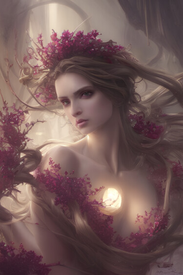 Digitale Kunst getiteld "Woman In The Flowers" door Mystic Muse, Origineel Kunstwerk, AI gegenereerde afbeelding