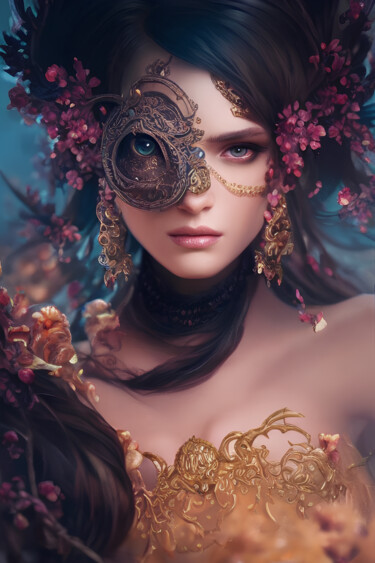 Digitale Kunst mit dem Titel "Woman With Mask" von Mystic Muse, Original-Kunstwerk, KI-generiertes Bild