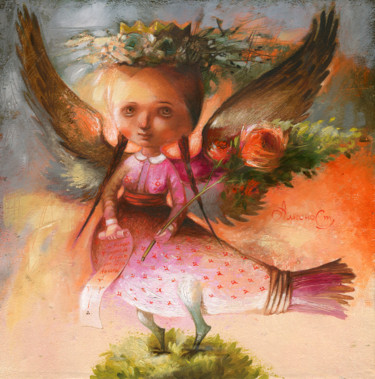 Alkonost - the Bird of Paradise Oil Painting 10"x10". Natali Derevyanko Painting titled "Alkonost - the Bird…" by Natali Derevyanko, Original Art,