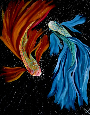 Картина под названием "Les poissons de Mars" - Emmanuelle Hildebert, Подлинное произведение искусства, Акрил